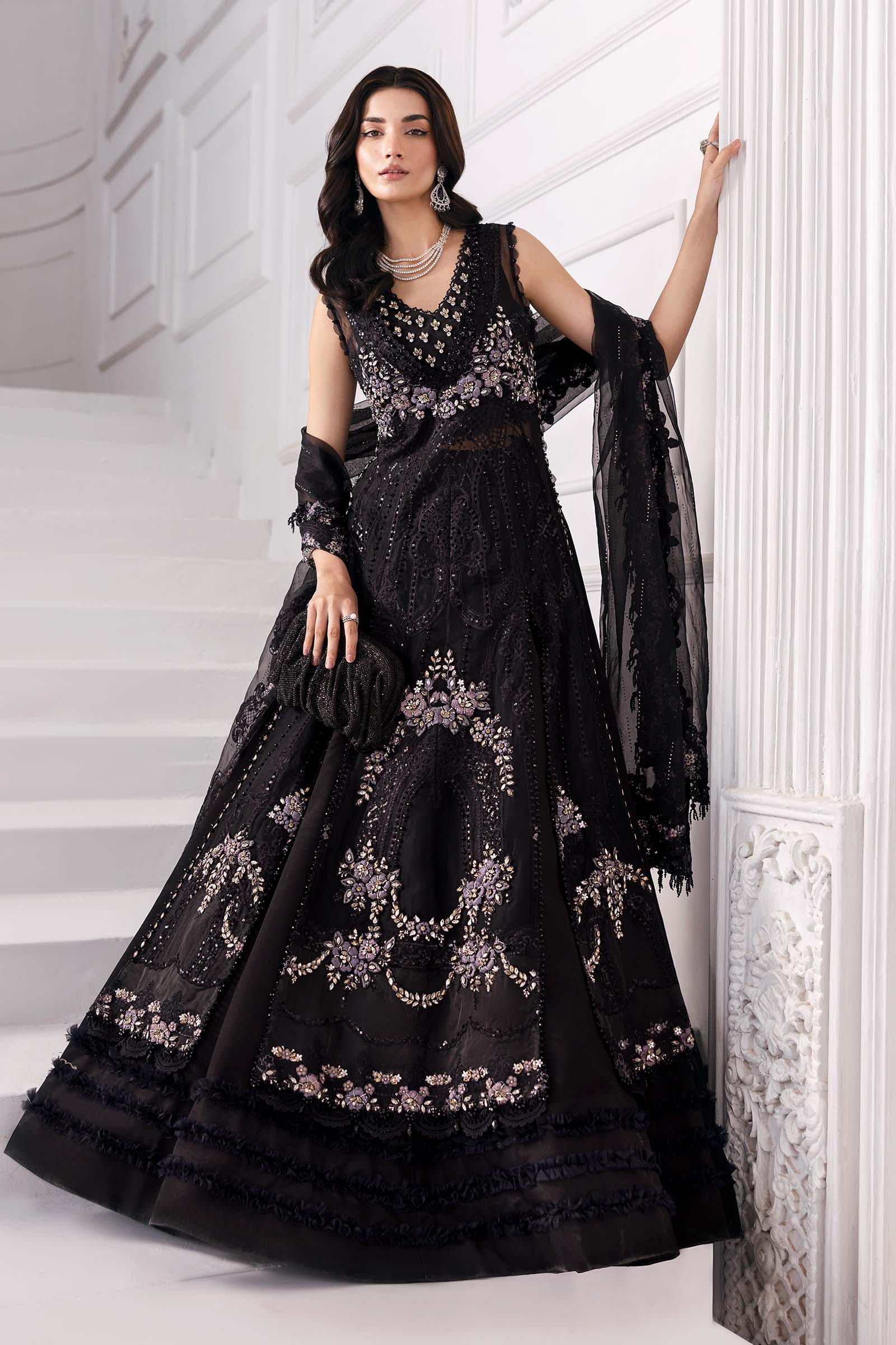 3 Piece Unstitched Embroidered Organza MC BLACK pakistani fashion…